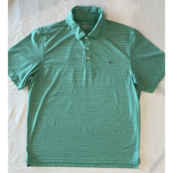 VINEYARD VINES LG Set of 2- Performance Polo Shirts Mens Blue Green Stripe Whale - Picture 2 of 15